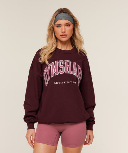 Women's Gymshark Collegiate Graphic Crew Neck Pullover Gs Rich Maroon