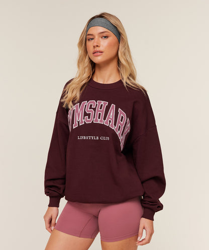 Women's Gymshark Collegiate Graphic Crew Neck Pullover Gs Rich Maroon