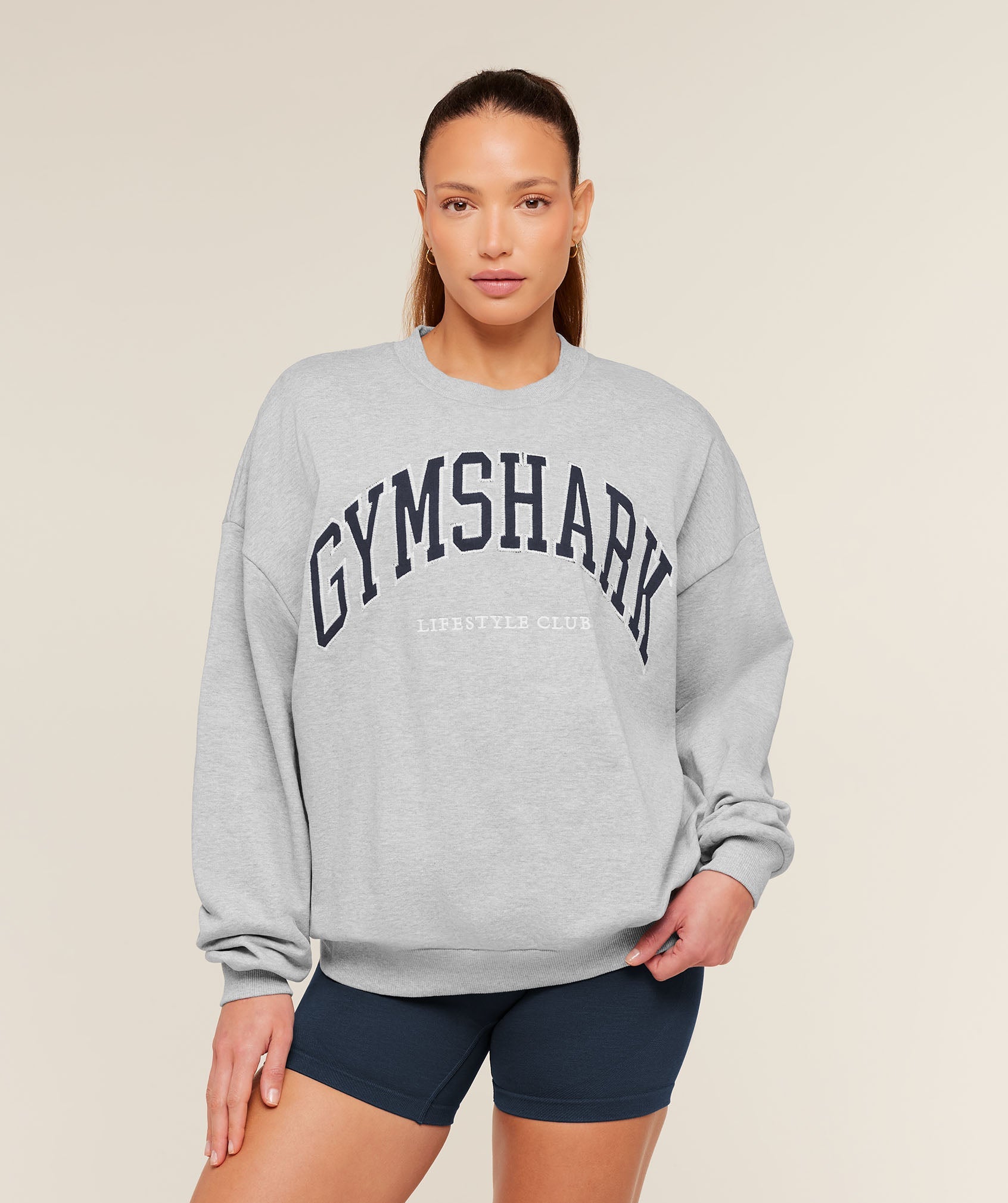 Women's Gymshark Collegiate Graphic Crew Neck Pullover Light Grey Core Marl