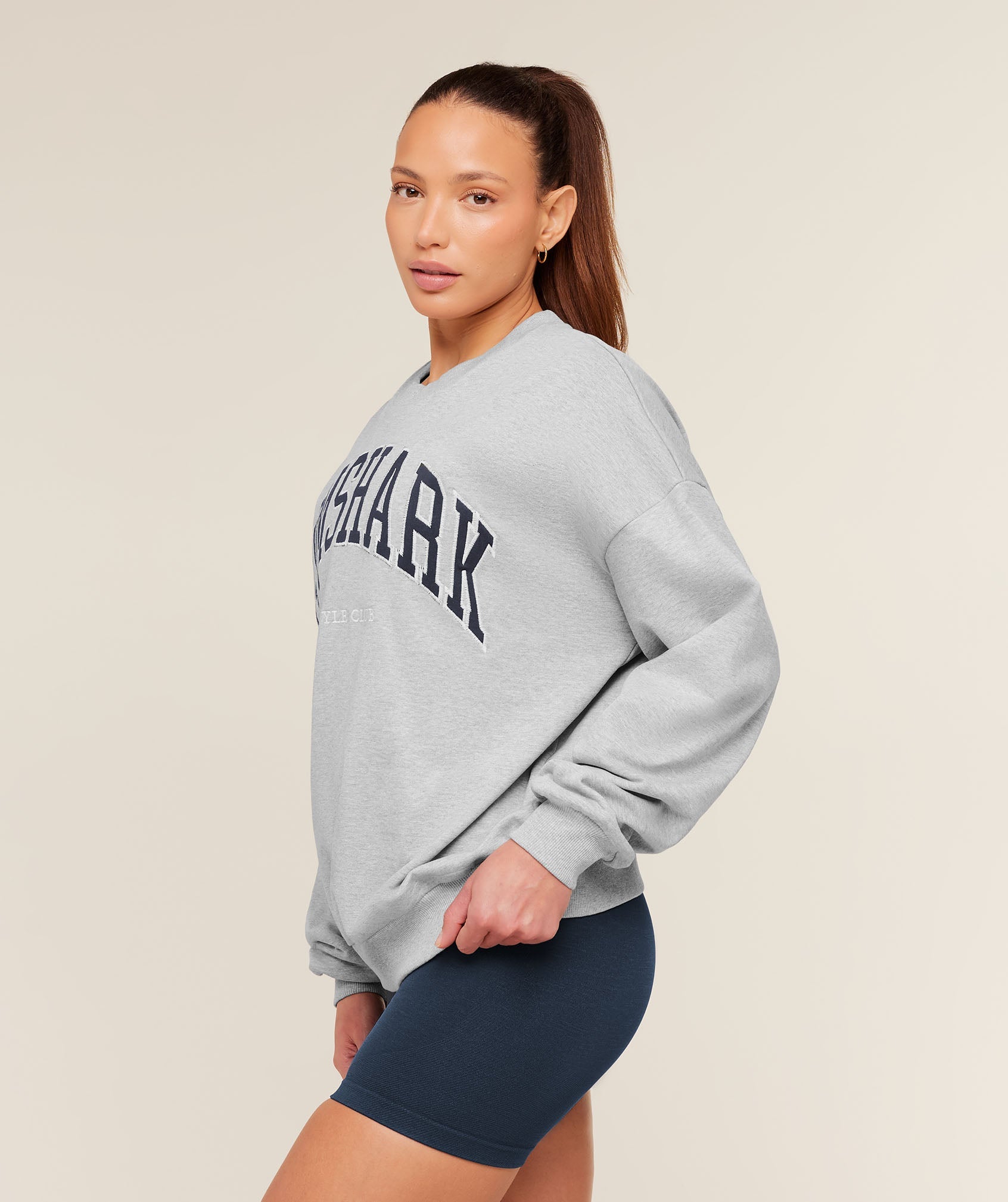 Women's Gymshark Collegiate Graphic Crew Neck Pullover Light Grey Core Marl
