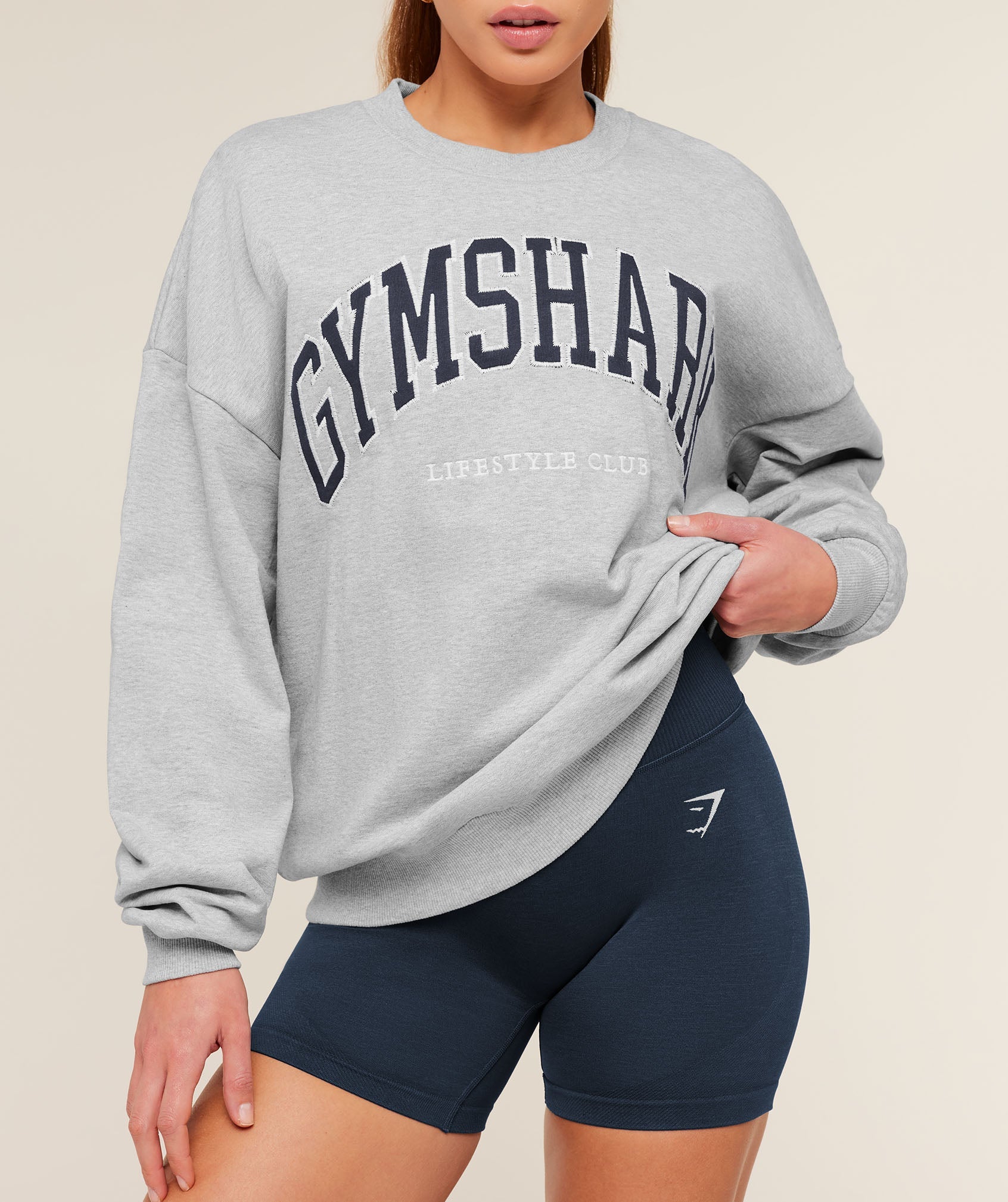 Women's Gymshark Collegiate Graphic Crew Neck Pullover Light Grey Core Marl