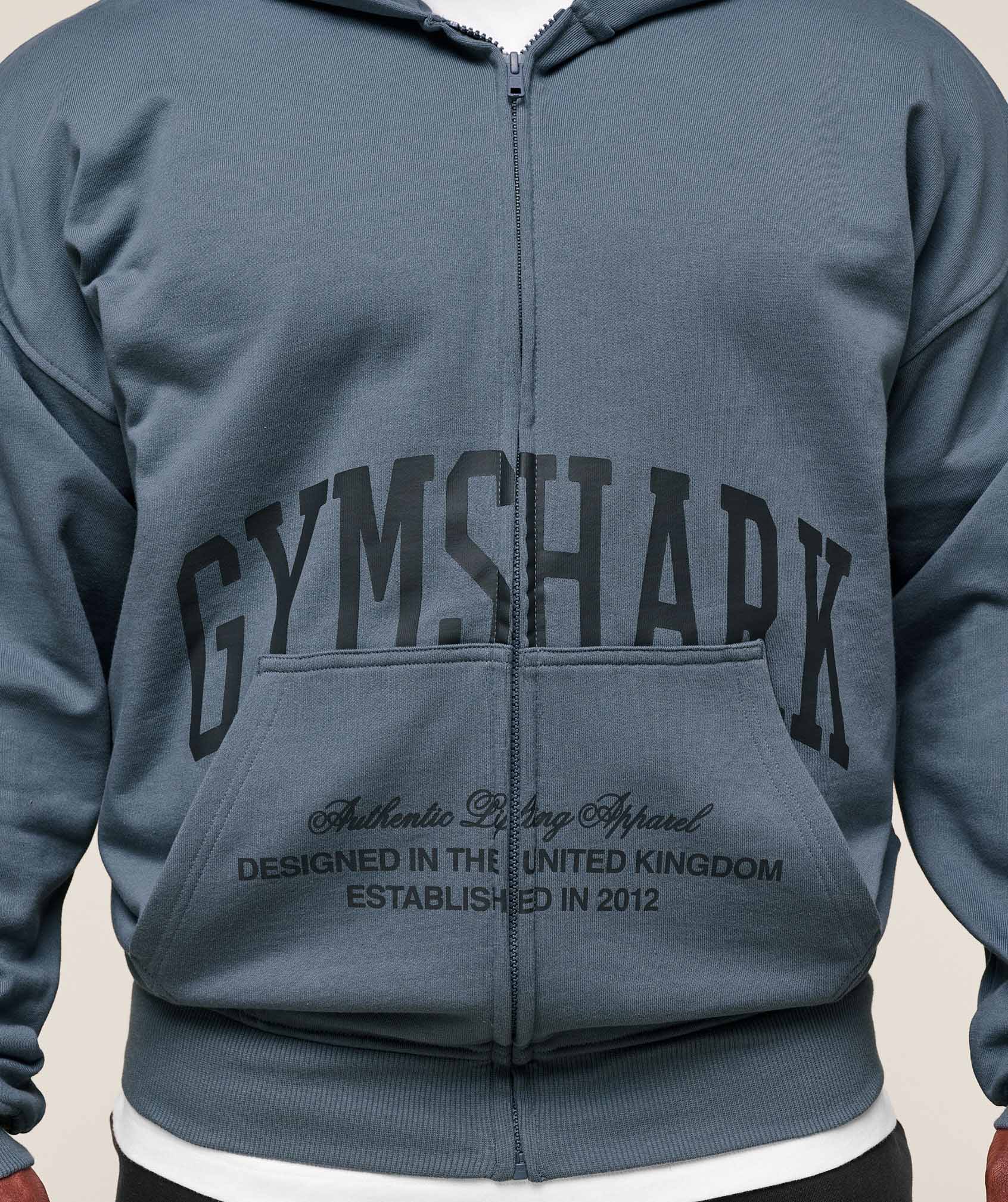 Gymshark Collegiate Script Zip Up Hoodie Iron Blue