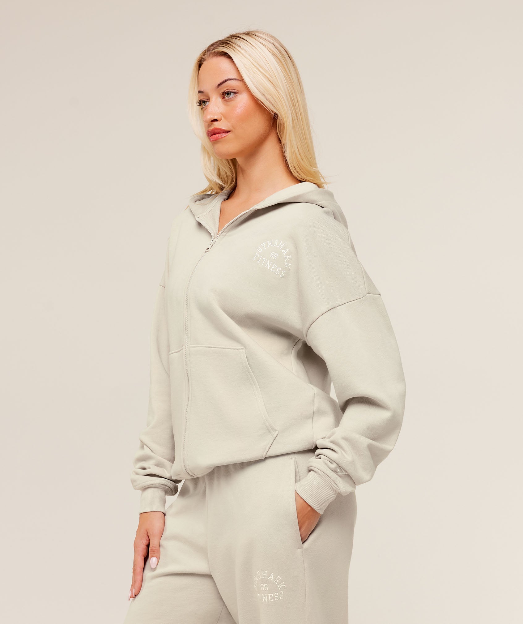 Women's Gymshark Fitness Embroidered Graphic Zip Up Hoodie Pebble Grey