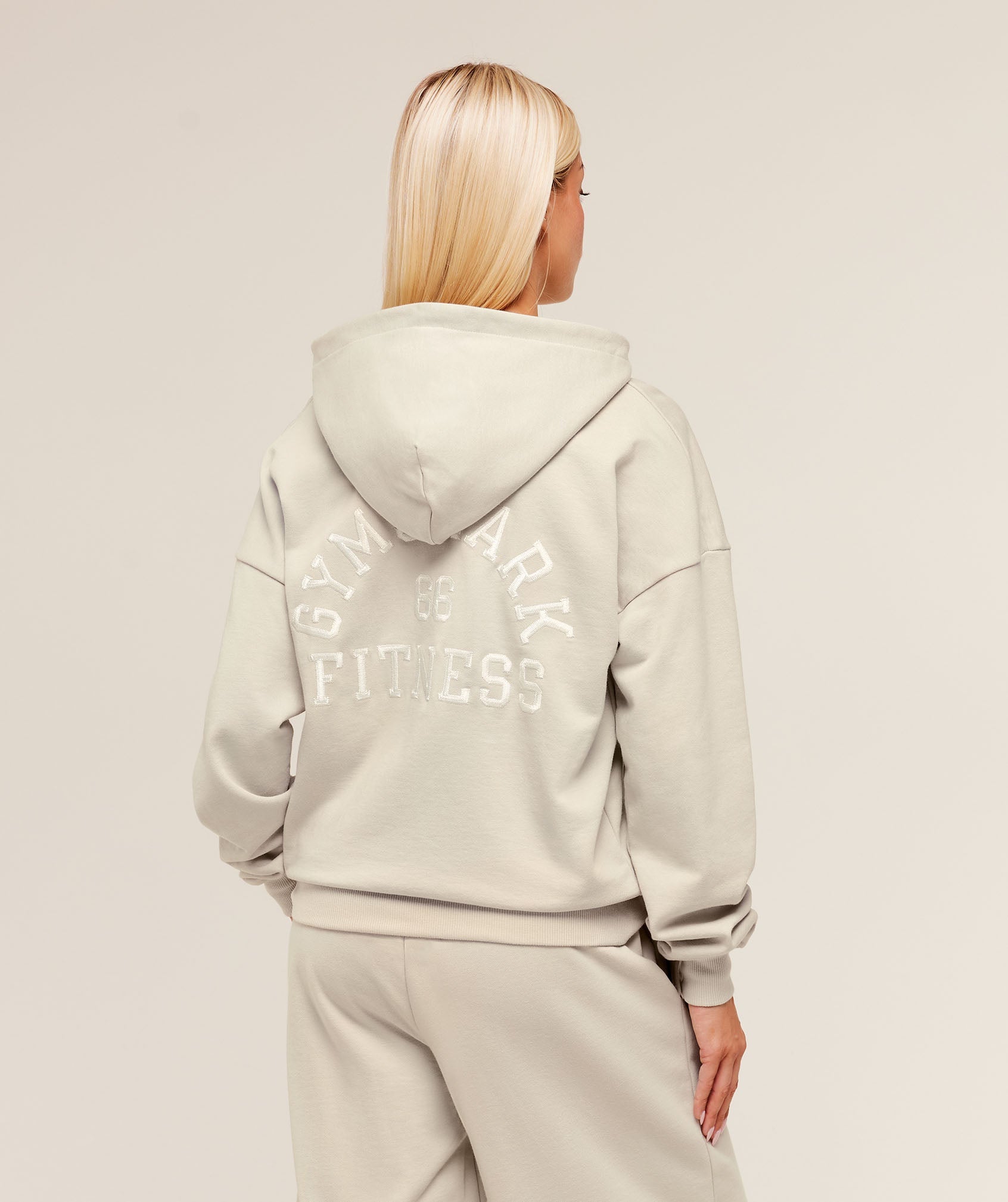 Women's Gymshark Fitness Embroidered Graphic Zip Up Hoodie Pebble Grey