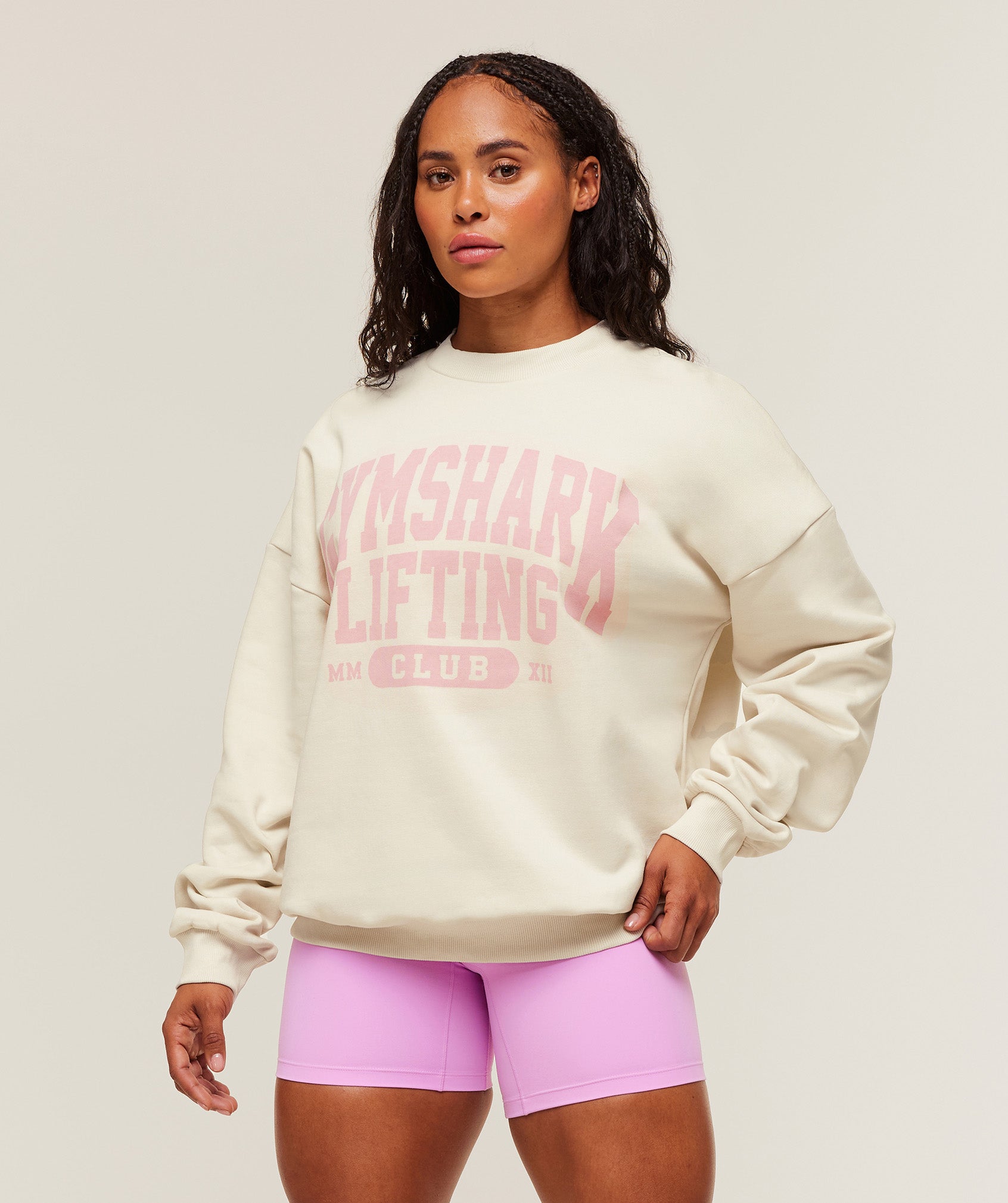 Women's Gymshark Lifting Club Graphic Oversized Crew Neck Oat White