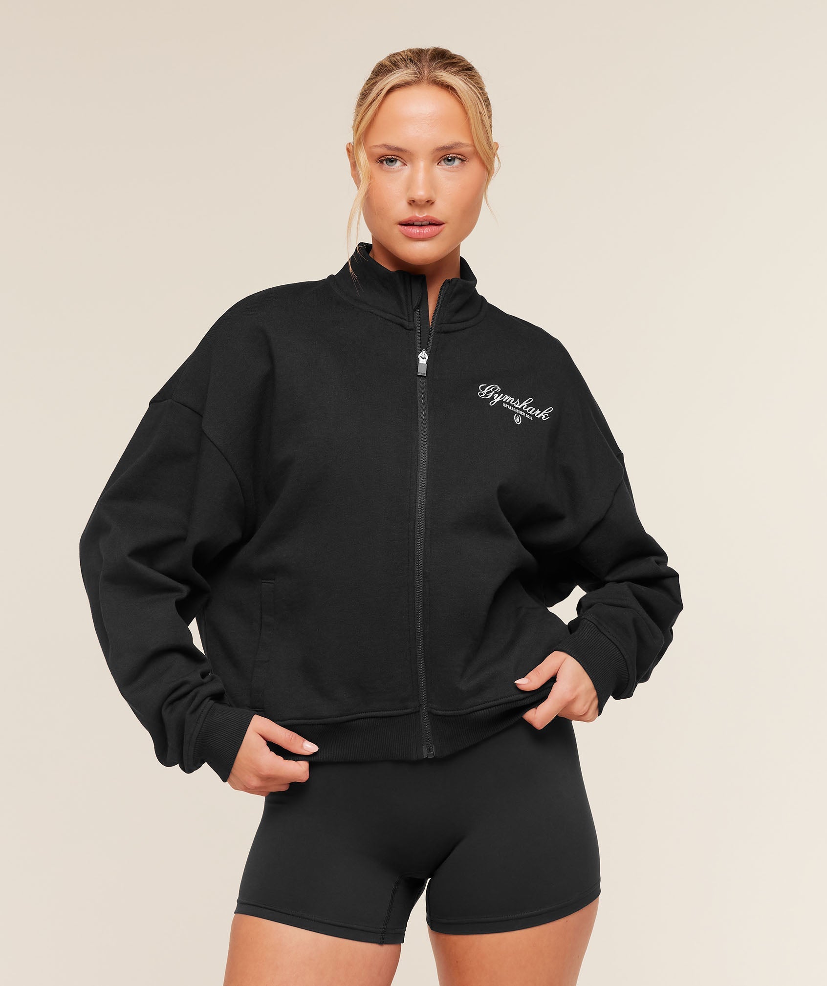 Women's Gymshark Script Embroidery Oversized Zip Through Black