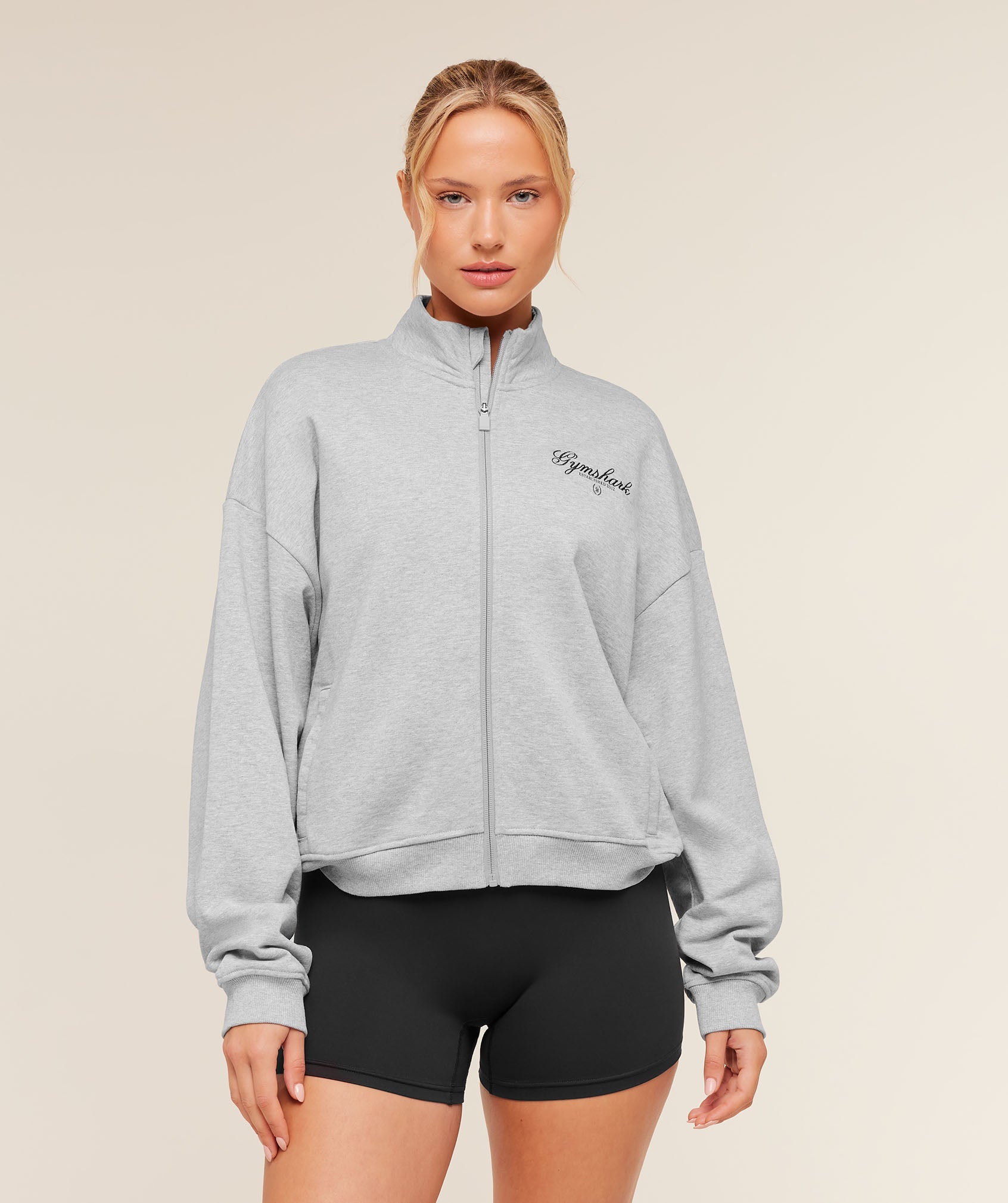 Women's Gymshark Script Embroidery Oversized Zip Through Light Grey Core Marl