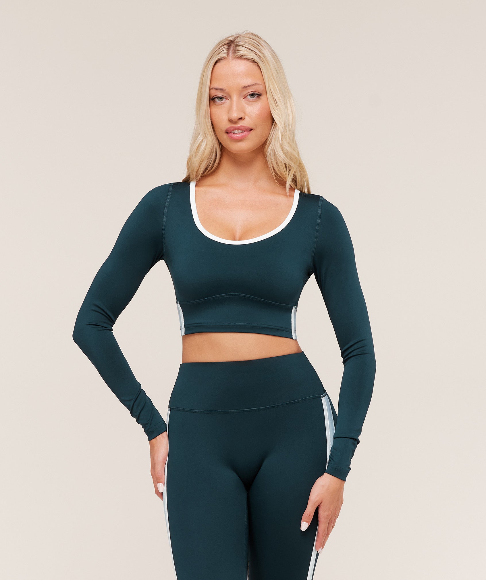 Women's Gymshark Piping Long Sleeve Crop Top Deep Petrol Blue