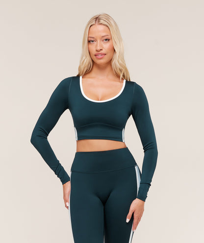 Women's Gymshark Piping Long Sleeve Crop Top Deep Petrol Blue