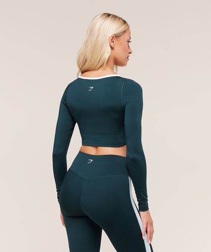 Women's Gymshark Piping Long Sleeve Crop Top Deep Petrol Blue