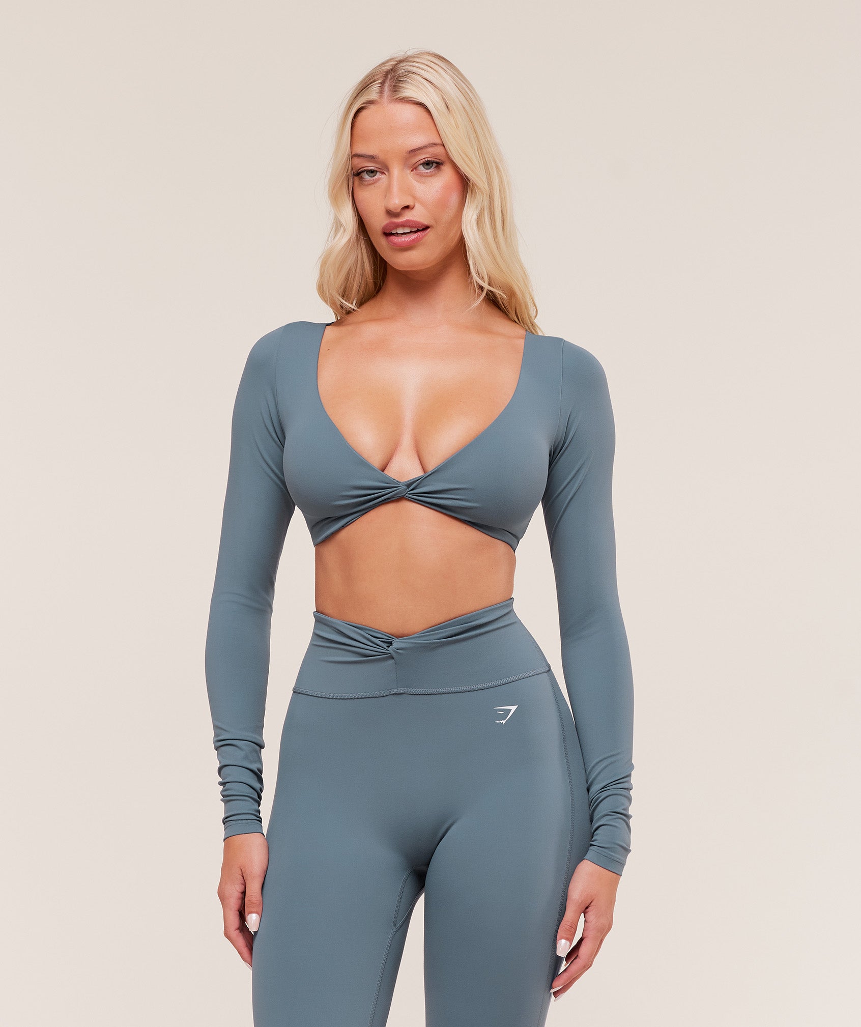 Women's Gymshark Twist Front Long Sleeve Crop Top Iron Blue