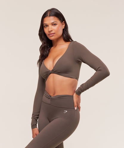 Women's Gymshark Twist Front Long Sleeve Crop Top Walnut Brown