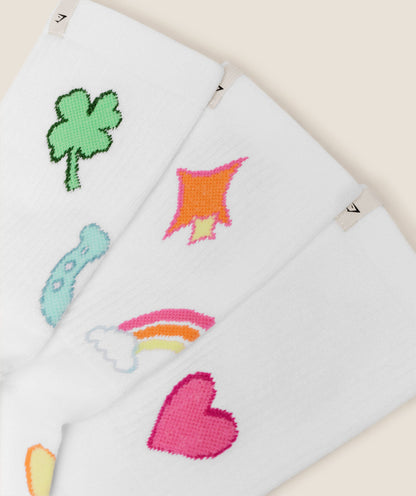 Women's Gymshark Lucky Graphic Crew Socks 3Pk White