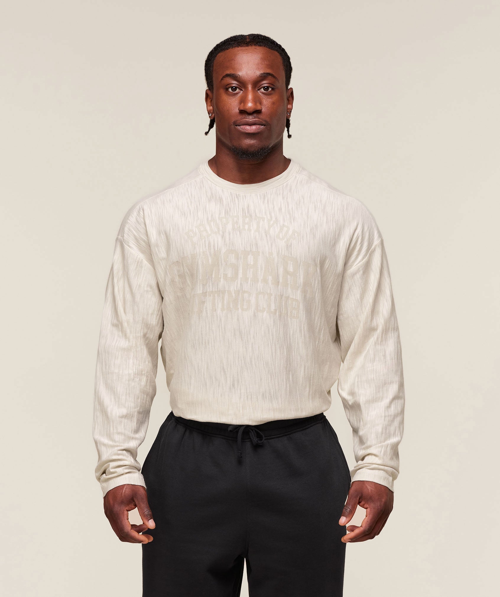 Gymshark Lightweight Slub Textured Lifting Authenticator Os Ls T-Shirt Oat White