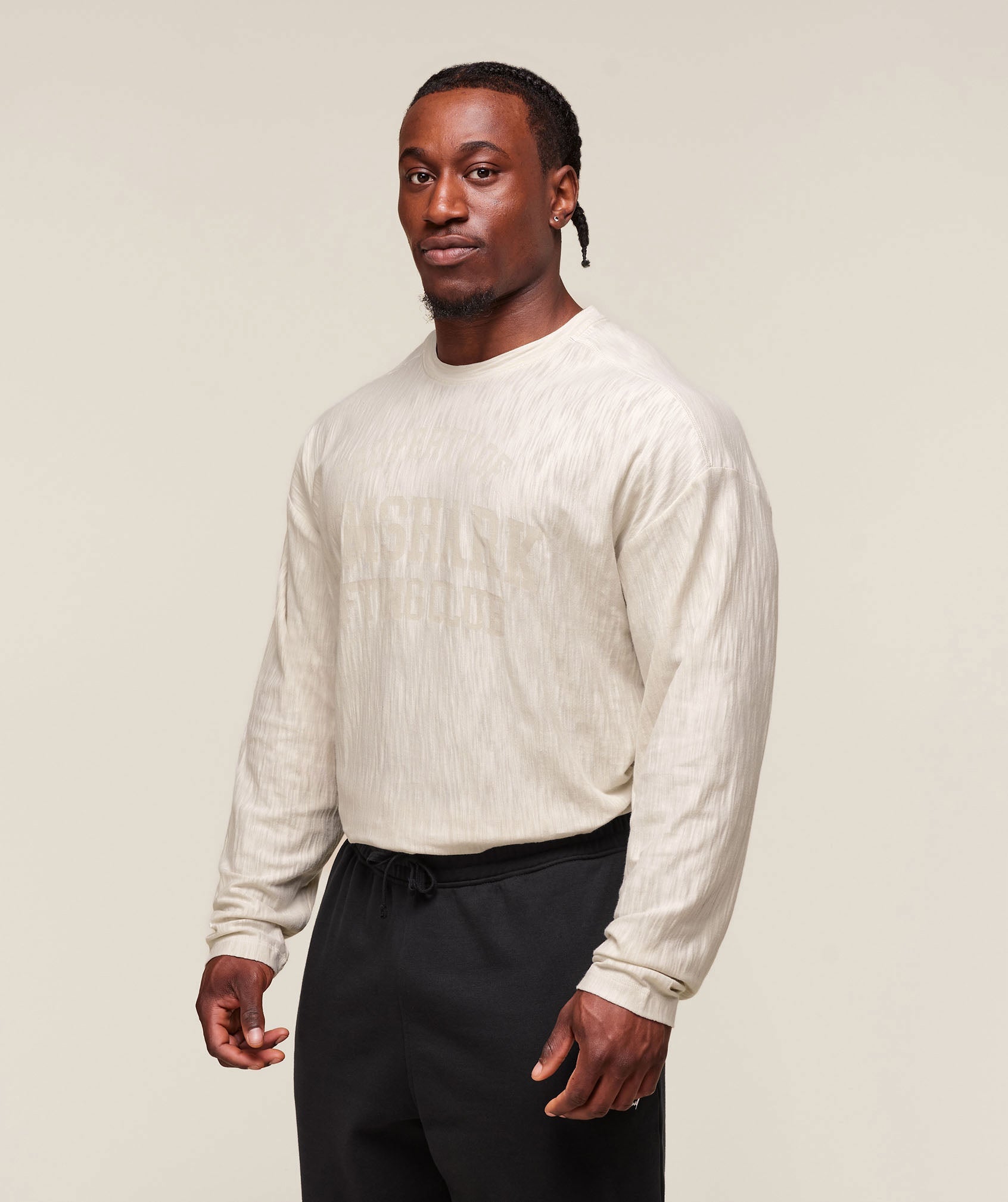 Gymshark Lightweight Slub Textured Lifting Authenticator Os Ls T-Shirt Oat White