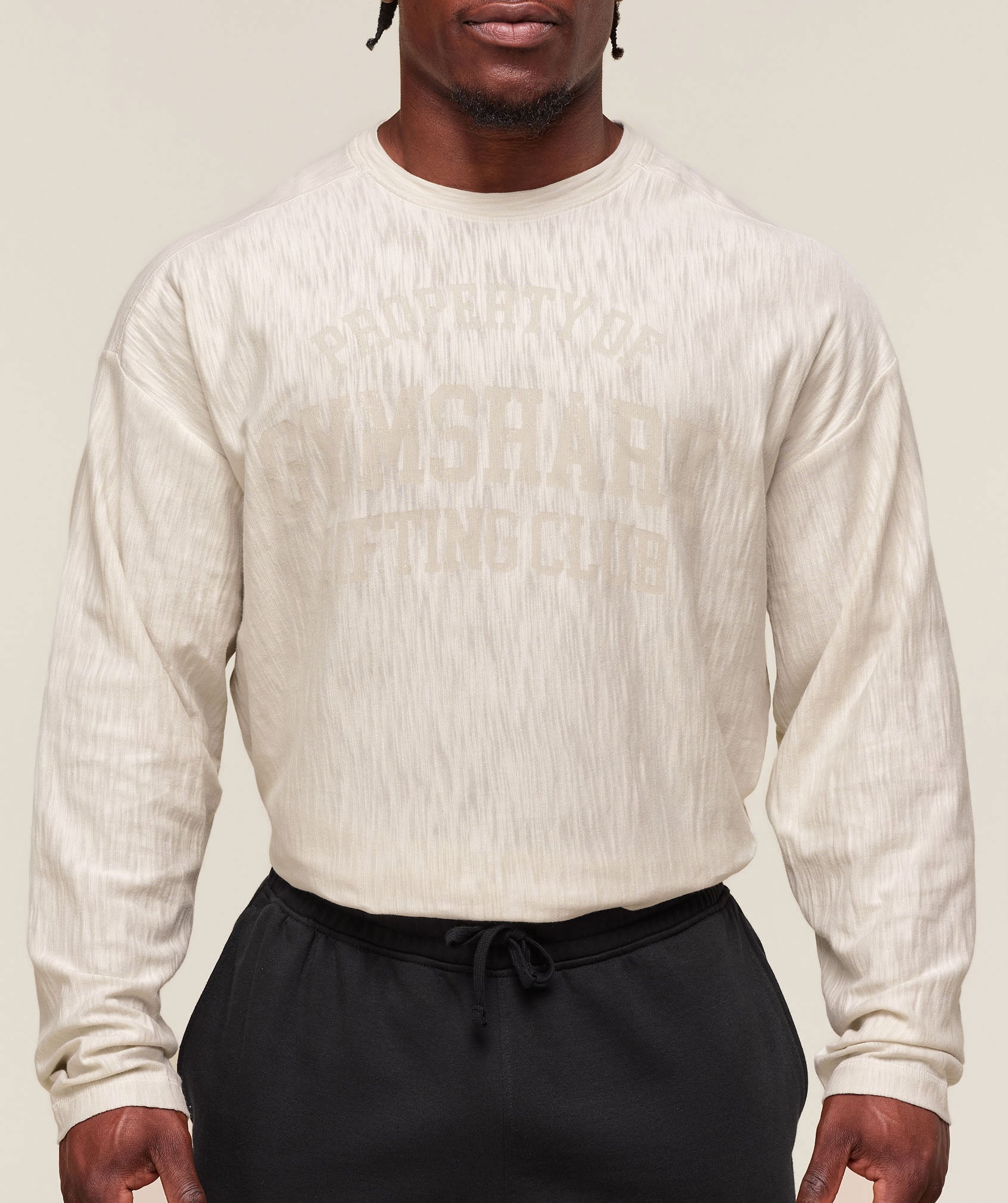 Gymshark Lightweight Slub Textured Lifting Authenticator Os Ls T-Shirt Oat White