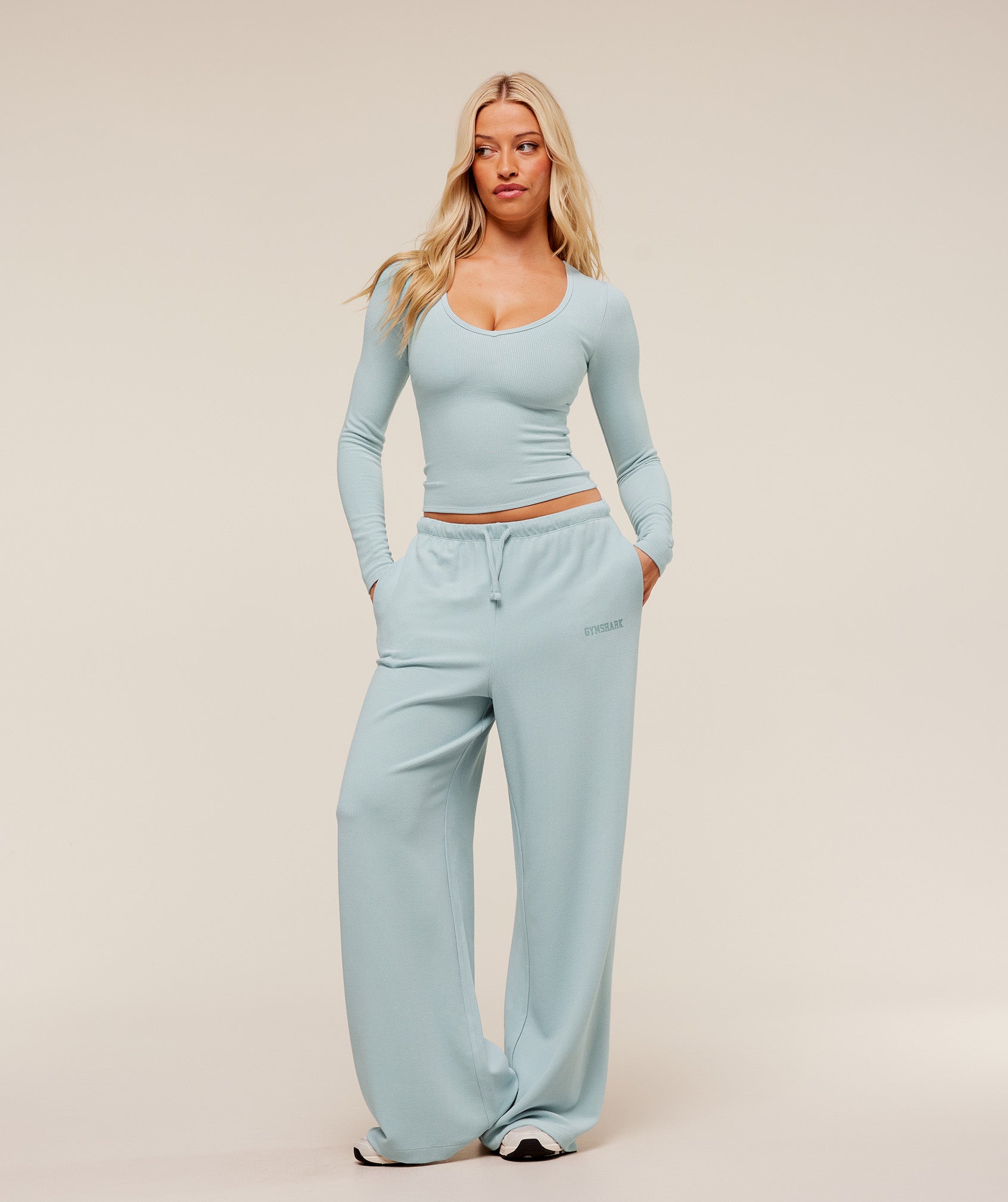 Women's Gymshark Waffle Long Sleeve Top Smoke Blue
