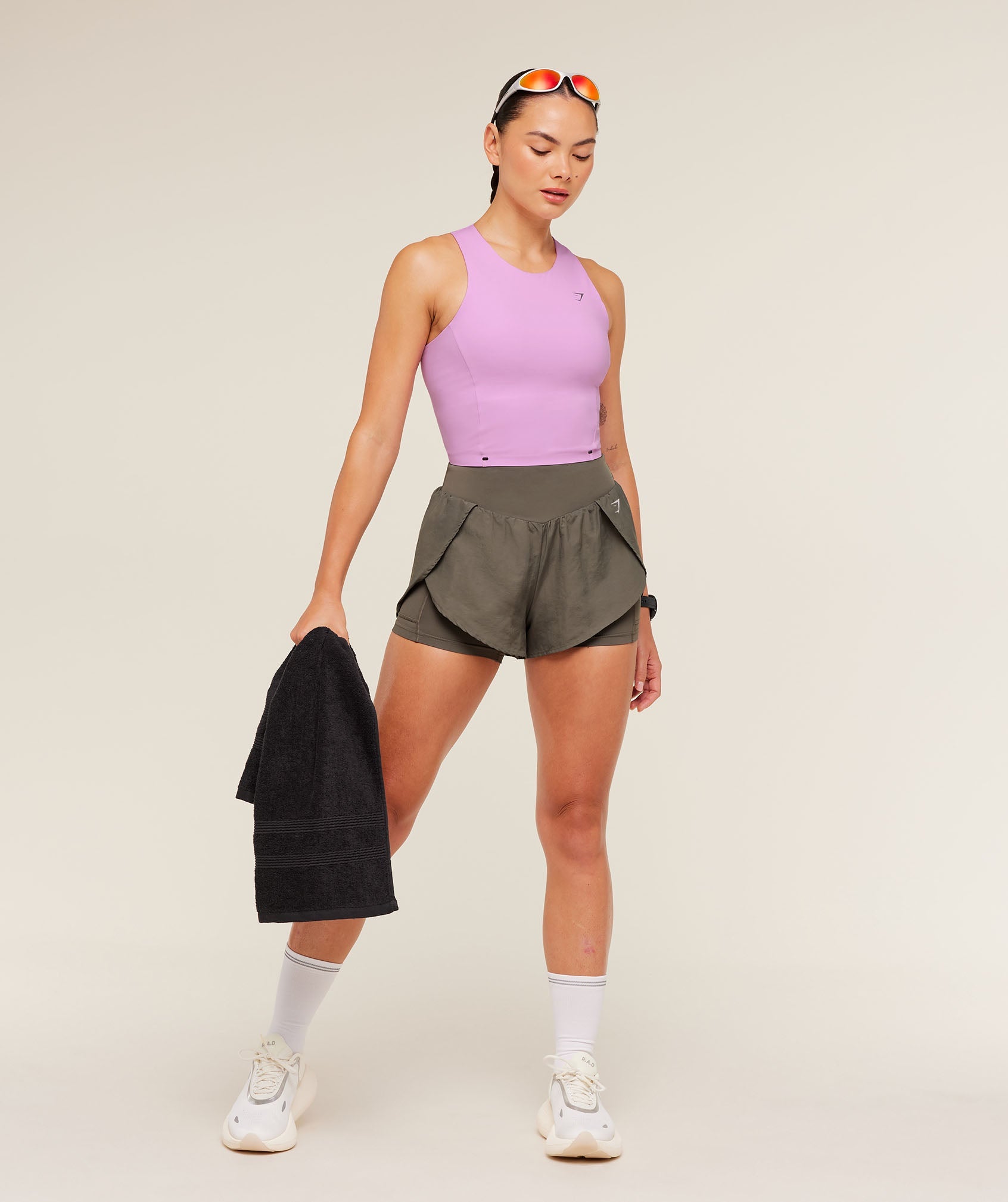 Women's Gymshark Running 2-In-1 Shorts Camo Brown