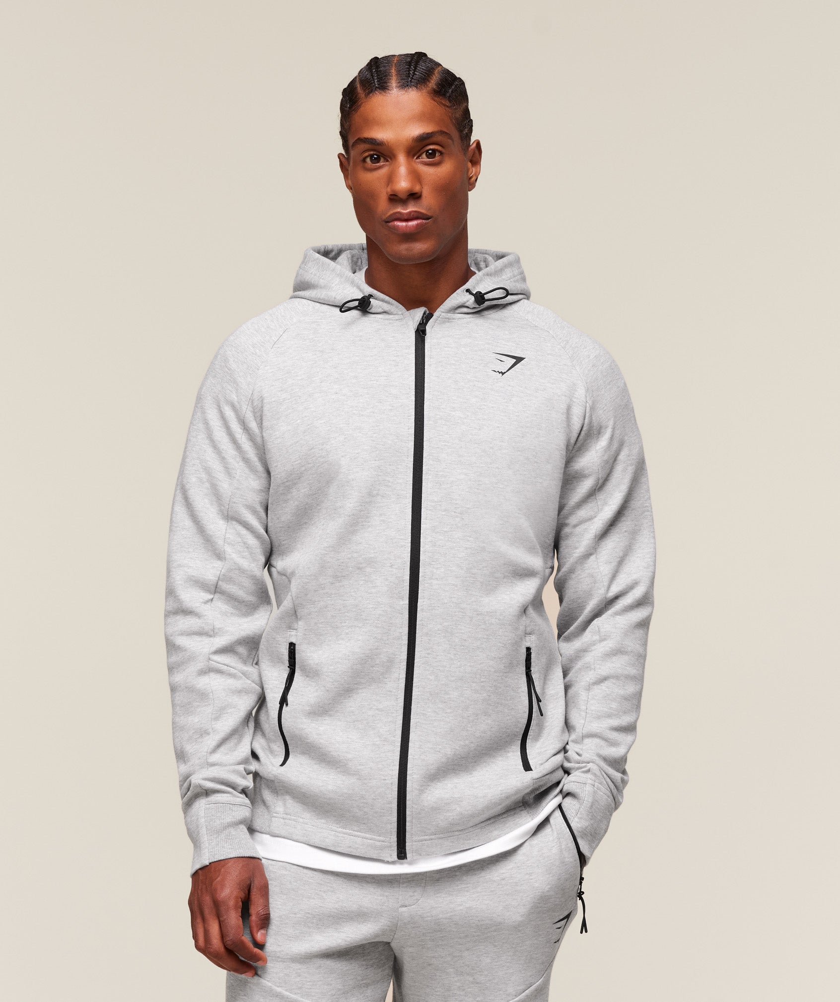 Gymshark Interlock Tech Zip Up Hoodie Light Grey Core Marl