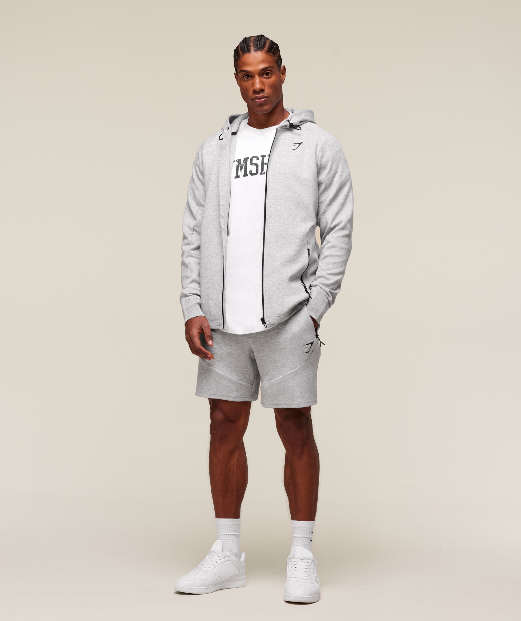 Gymshark Interlock Tech Zip Up Hoodie Light Grey Core Marl
