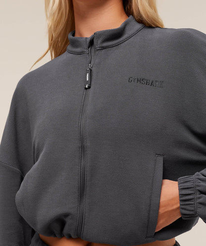 Women's Gymshark Waffle Midi Zip Up Jacket Onyx Grey