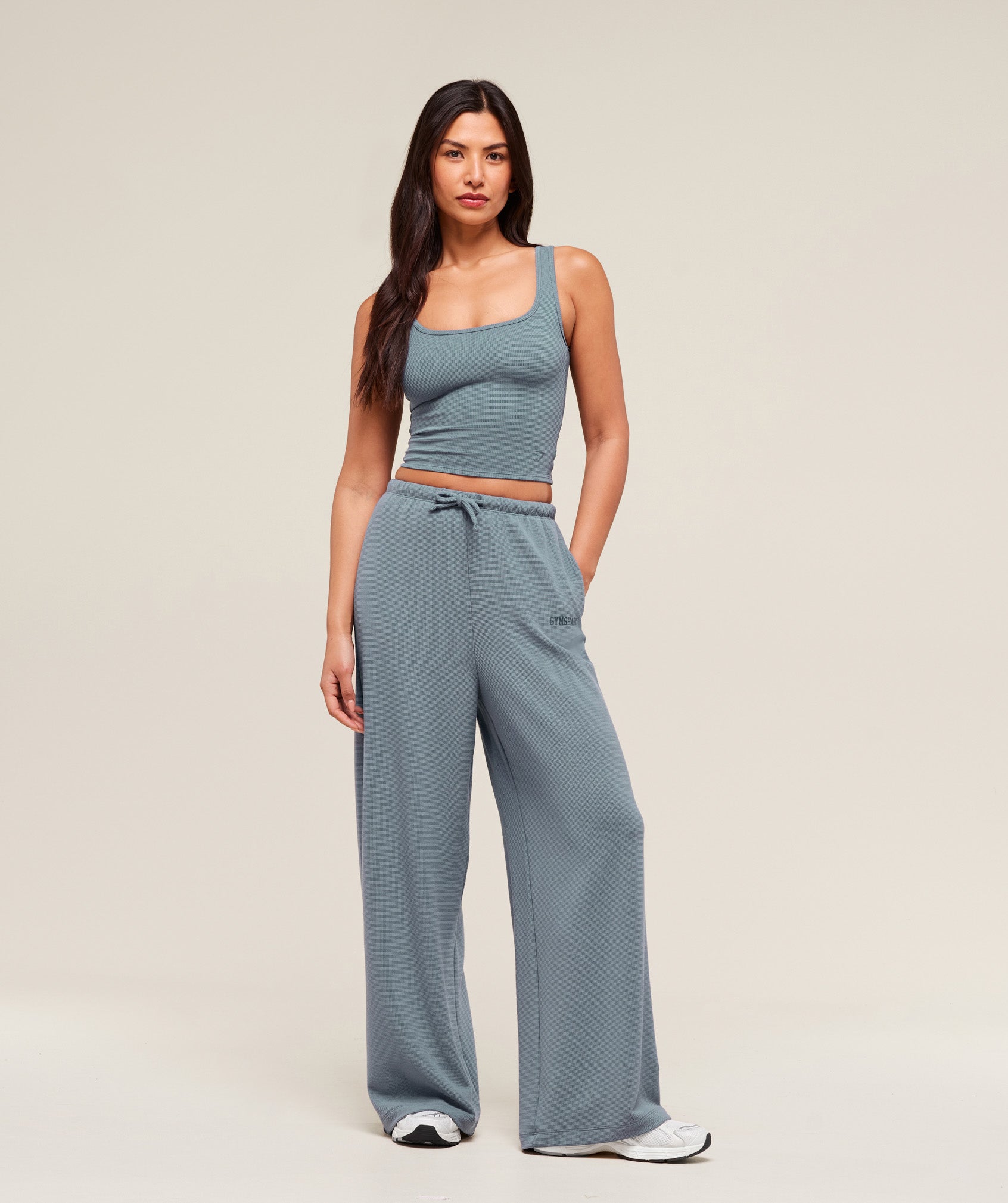 Women's Gymshark Waffle Wide Leg Pants Iron Blue