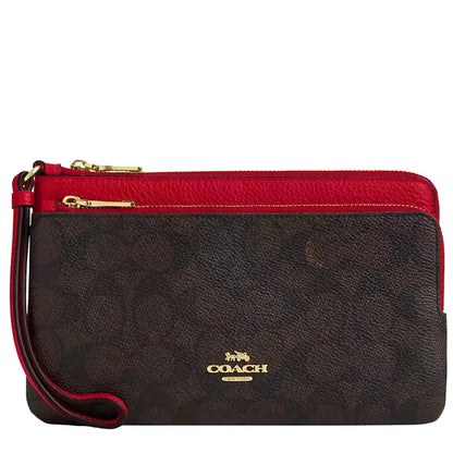 Coach Double Zip Wallet In Signature Canvas In Walnut Bold Red CX161