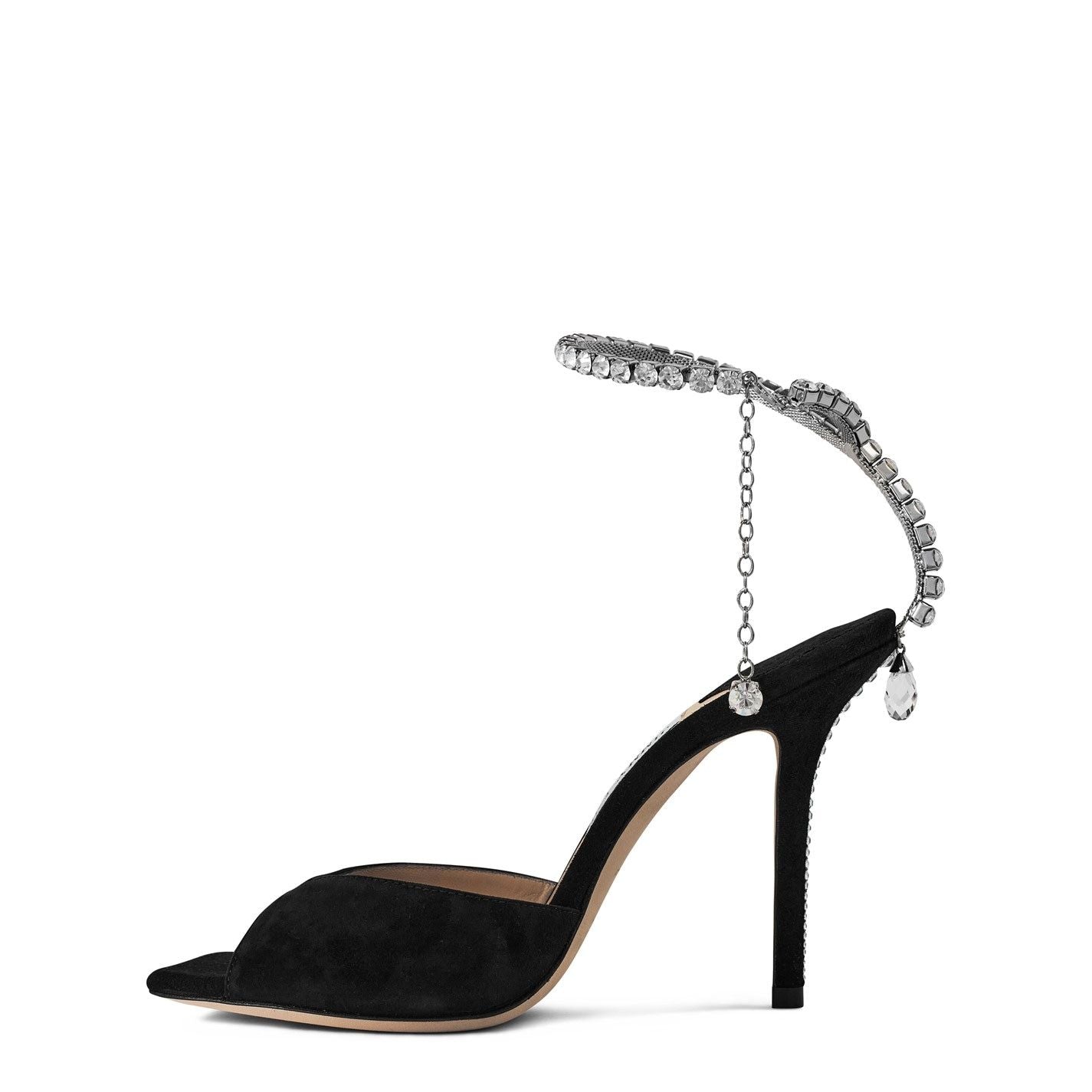 Jimmy Choo Women's Crystal Ankle Chain Leather Saeda 100 Sandals Black
