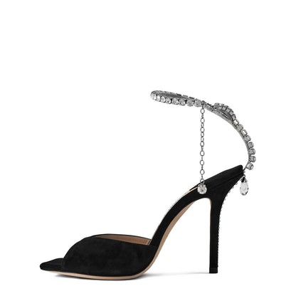 Jimmy Choo Women's Crystal Ankle Chain Leather Saeda 100 Sandals Black