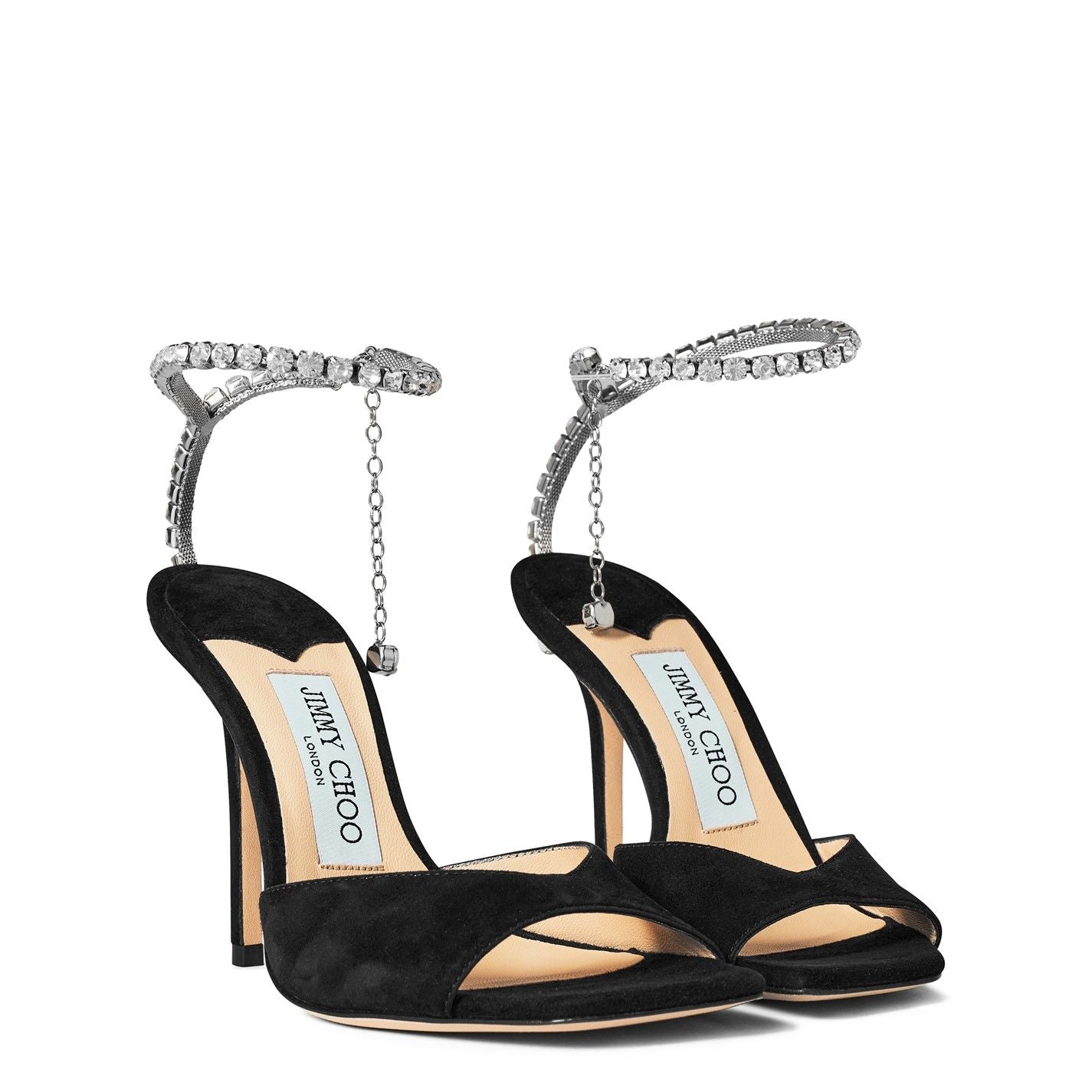 Jimmy Choo Women's Crystal Ankle Chain Leather Saeda 100 Sandals Black