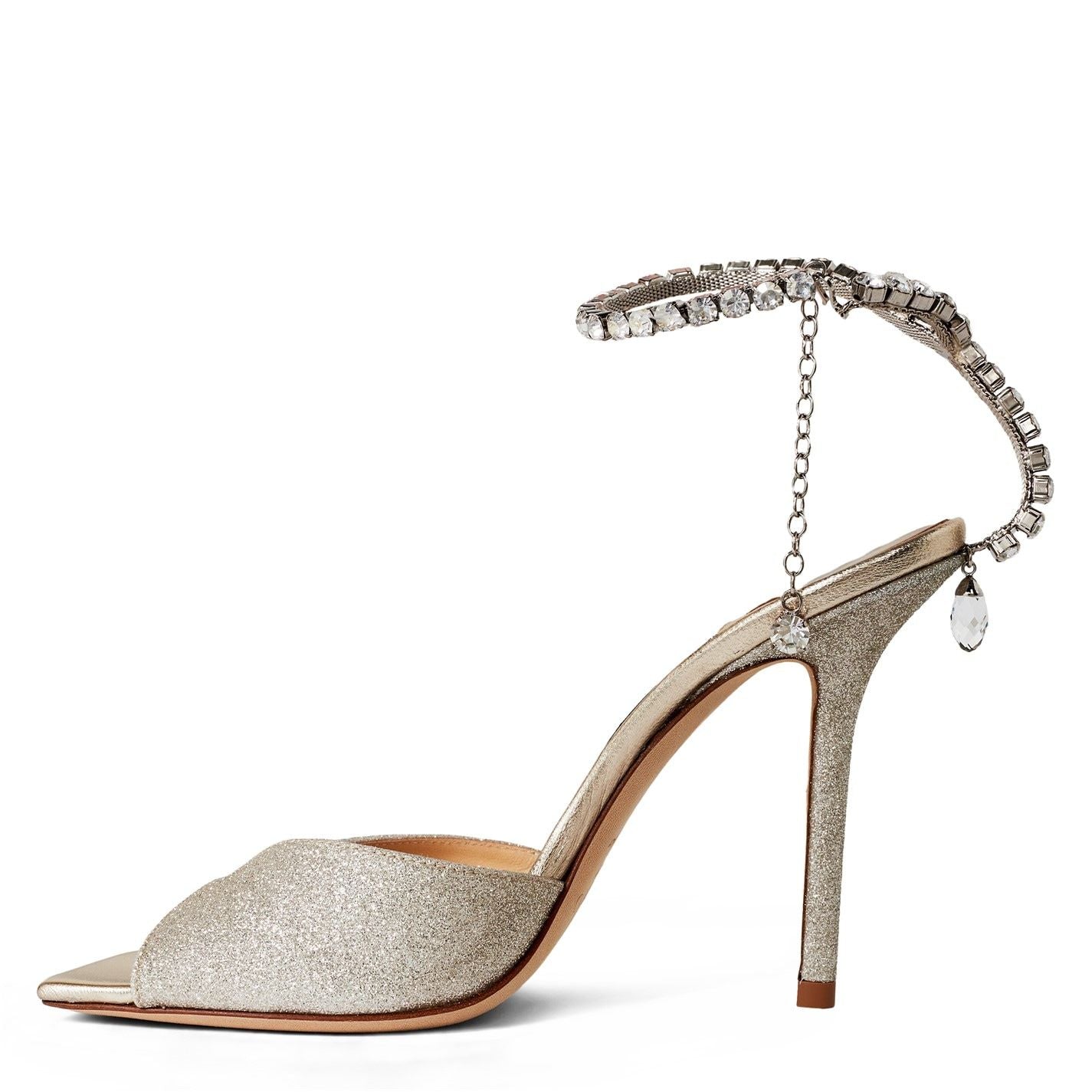 Jimmy Choo Women's Crystal Ankle Chain Leather Saeda 100 Sandals Platinum Ice