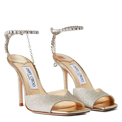 Jimmy Choo Women's Crystal Ankle Chain Leather Saeda 100 Sandals Platinum Ice