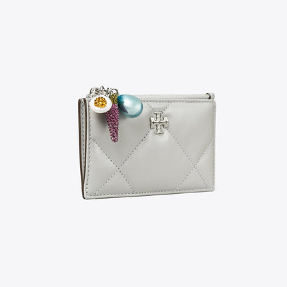 Tory Burch Kira Diamond Quilt Charm Zip Card Case Gray