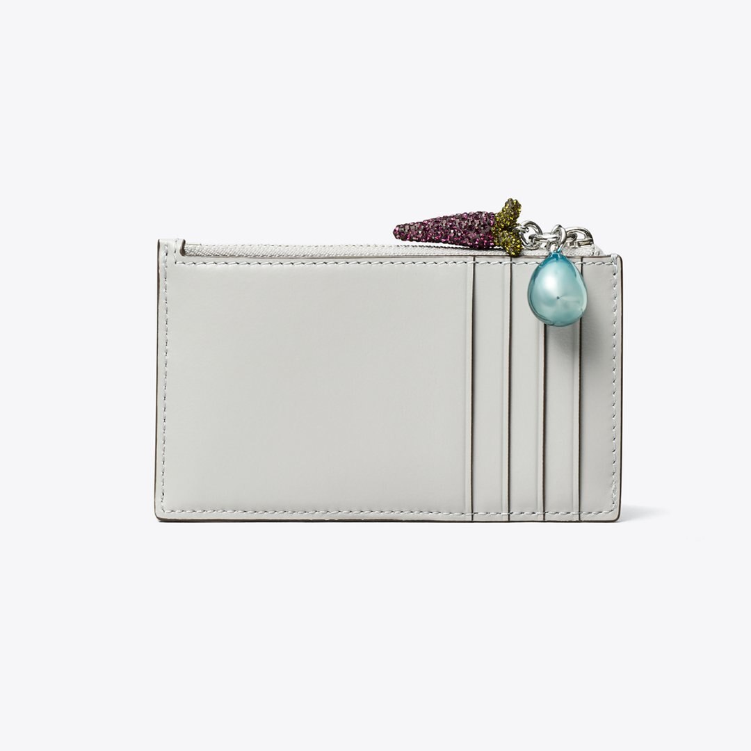 Tory Burch Kira Diamond Quilt Charm Zip Card Case Gray