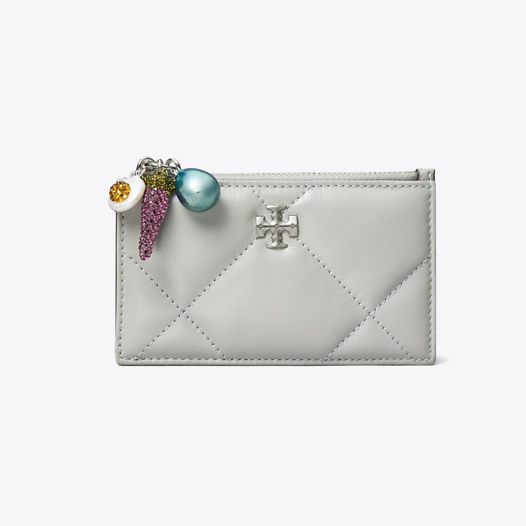 Tory Burch Kira Diamond Quilt Charm Zip Card Case Gray