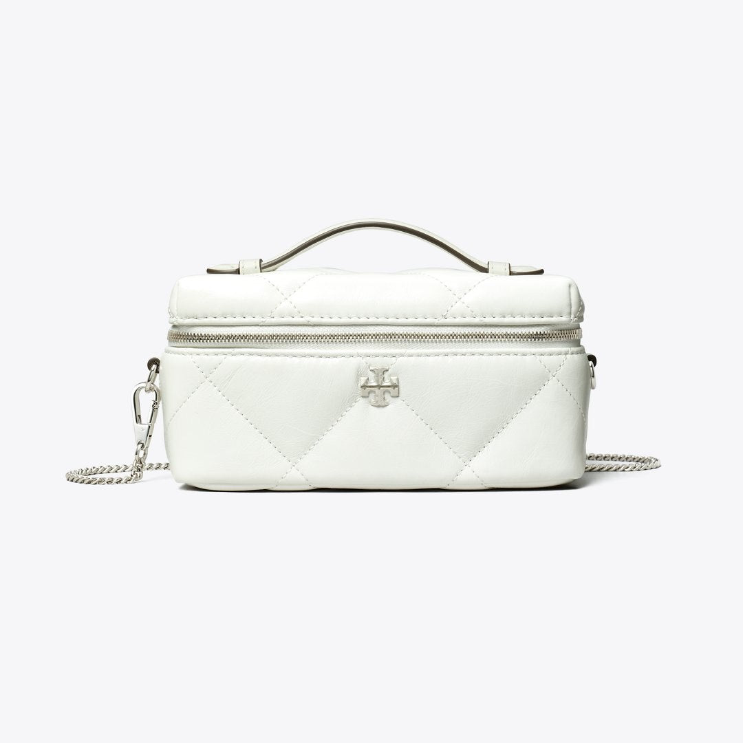 Tory Burch Kira Diamond Quilt Distressed Charm Vanity Case Blanc
