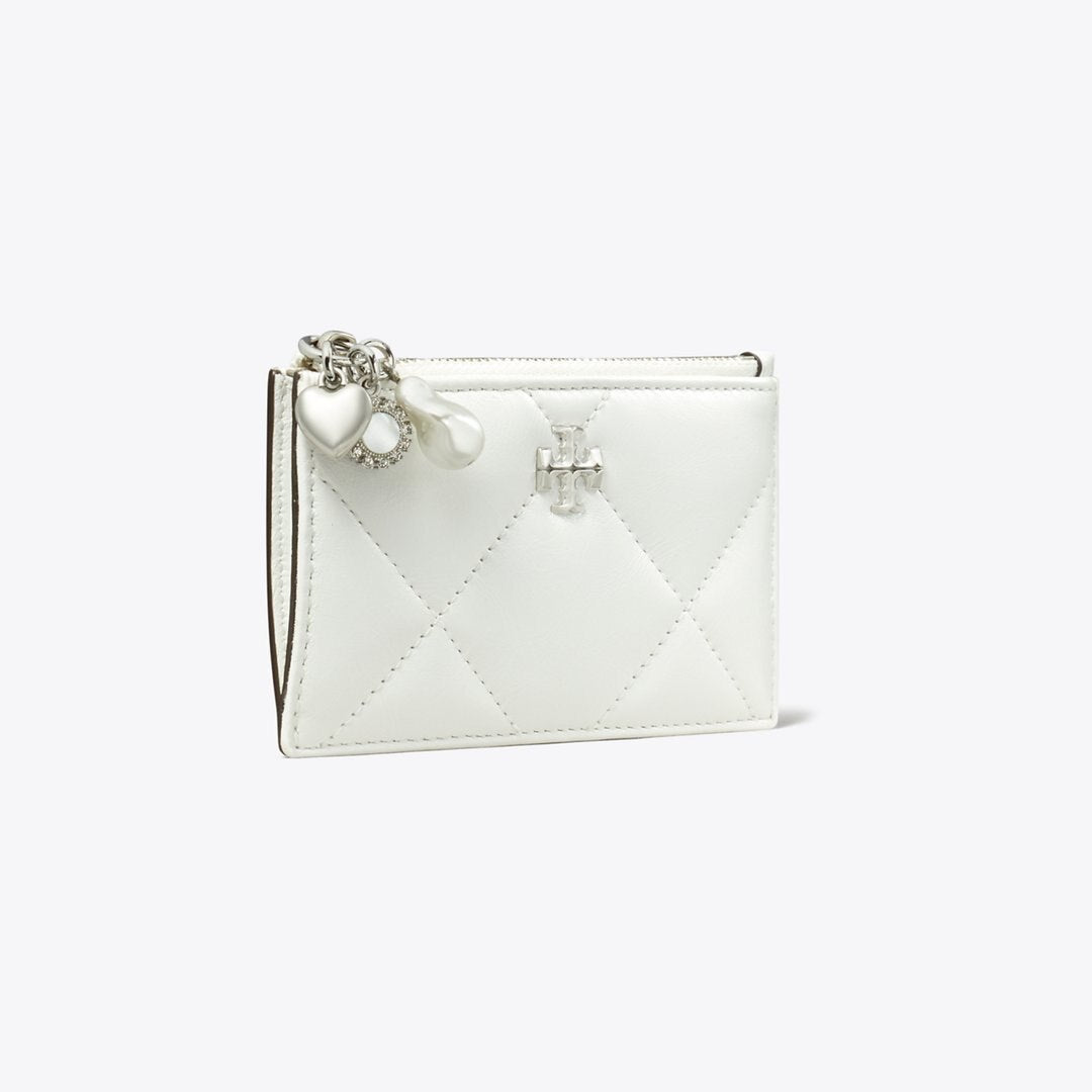 Tory Burch Kira Diamond Quilt Distressed Charm Zip Card Case Blanc