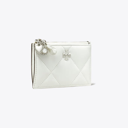 Tory Burch Kira Diamond Quilt Distressed Charm Zip Card Case Blanc