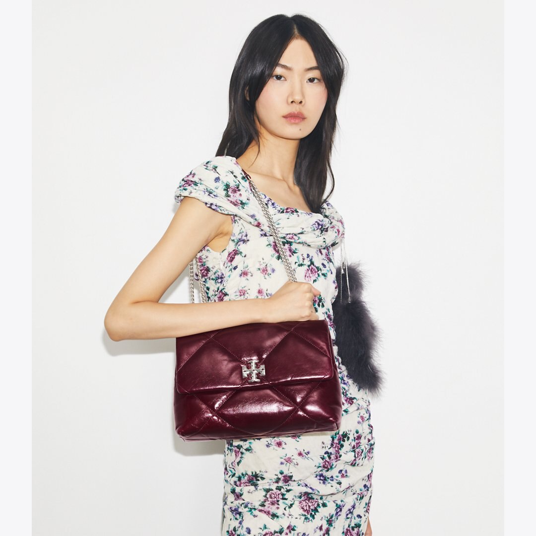 Tory Burch Kira Diamond Quilt Distressed Shoulder Bag Dark Carmine