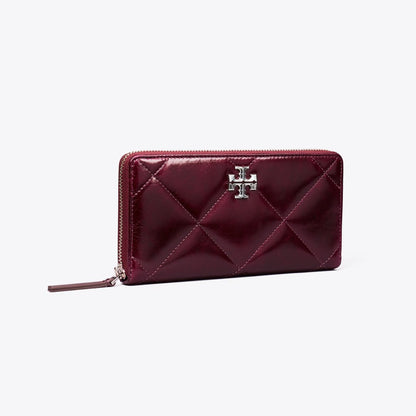 Tory Burch Kira Diamond Quilt Distressed Zip Continental Wallet Dark Carmine