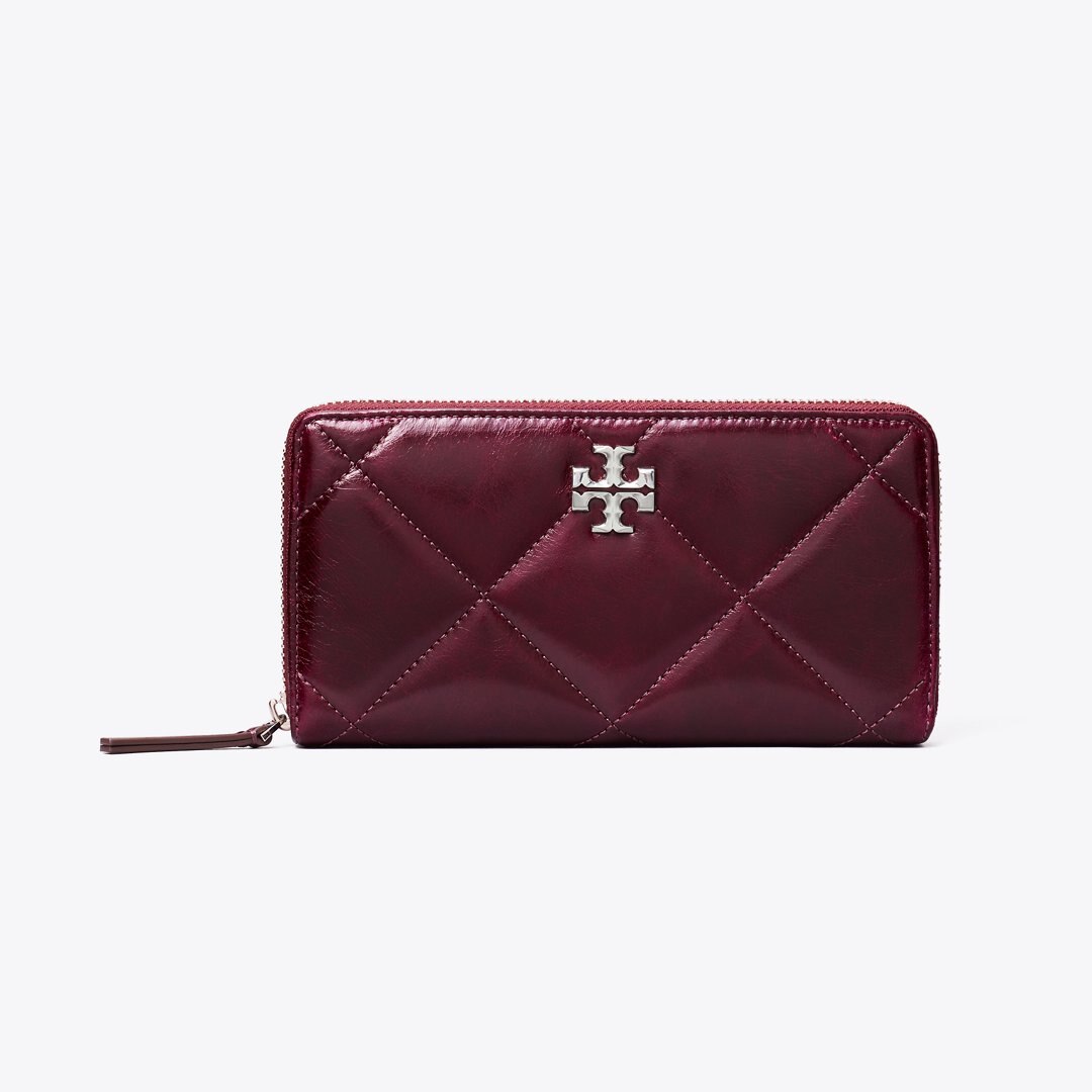 Tory Burch Kira Diamond Quilt Distressed Zip Continental Wallet Dark Carmine