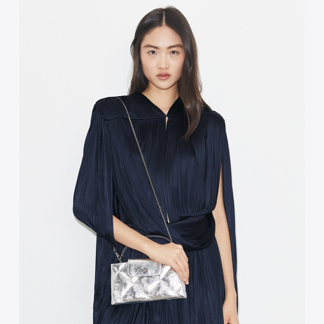 Tory Burch Kira Diamond Quilt Metallic Top-Handle Bag Silver