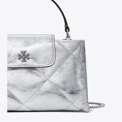 Tory Burch Kira Diamond Quilt Metallic Top-Handle Bag Silver