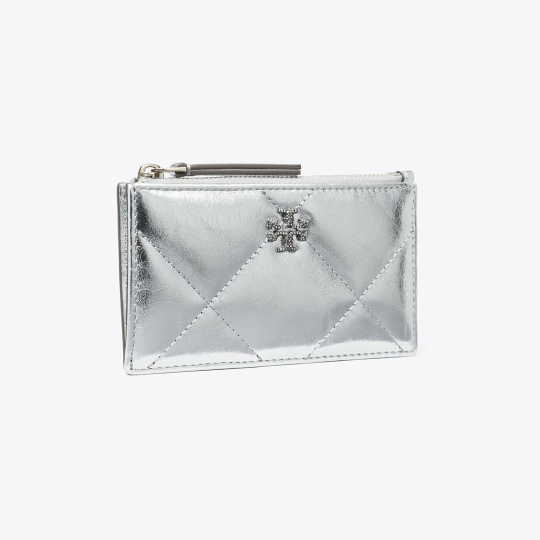 Tory Burch Kira Diamond Quilt Metallic Zip Card Case Silver