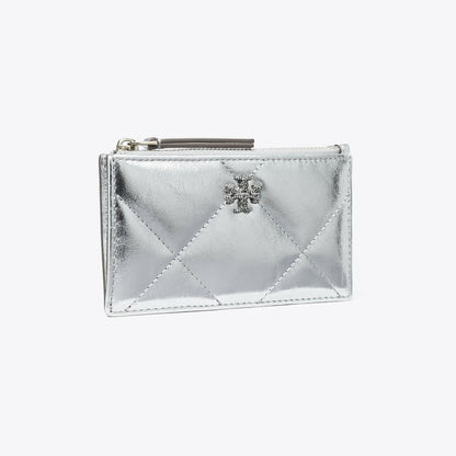Tory Burch Kira Diamond Quilt Metallic Zip Card Case Silver