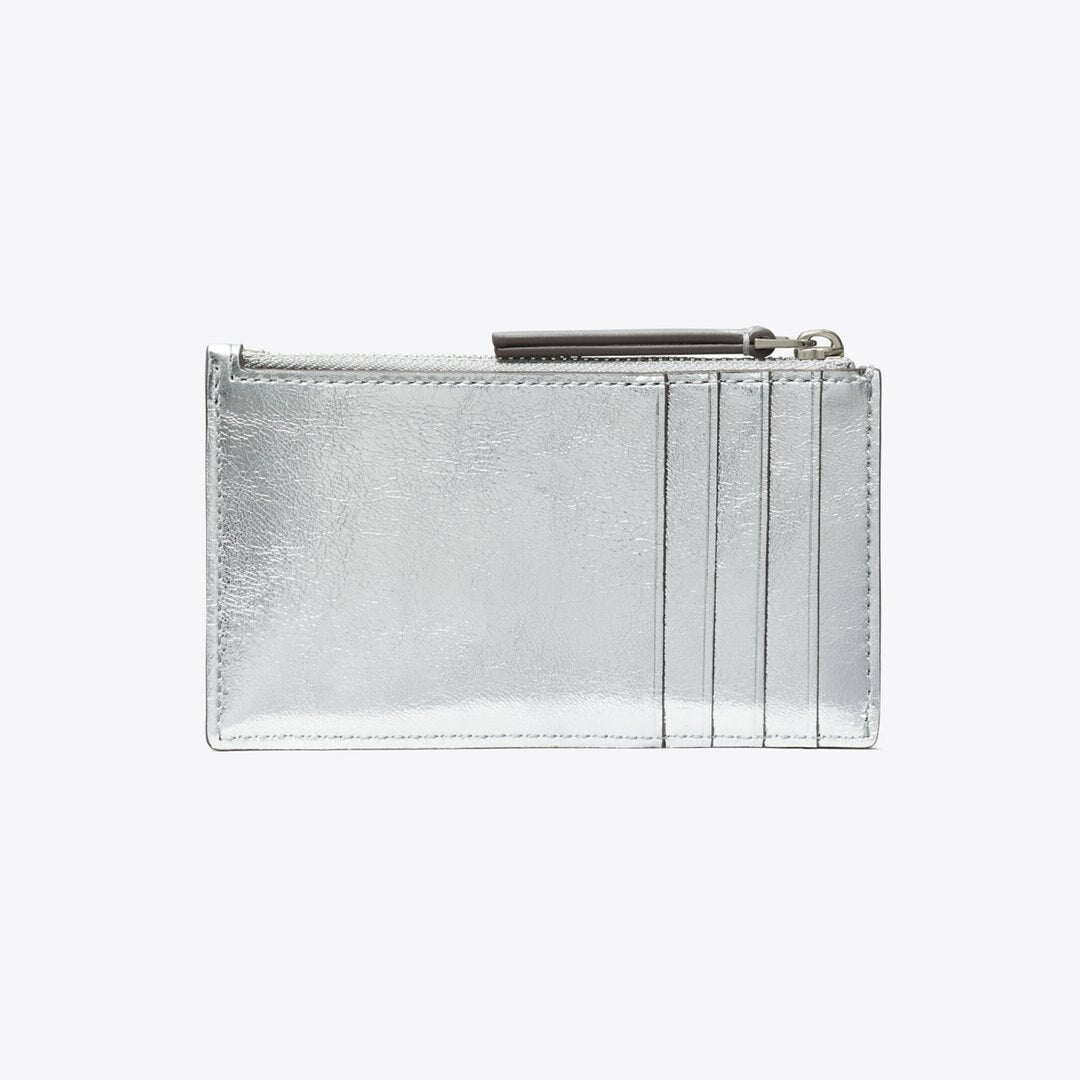 Tory Burch Kira Diamond Quilt Metallic Zip Card Case Silver