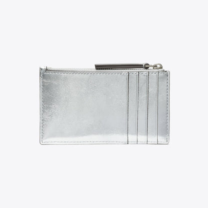 Tory Burch Kira Diamond Quilt Metallic Zip Card Case Silver