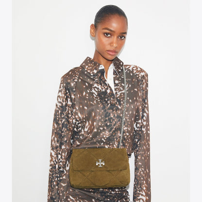 Tory Burch Kira Diamond Quilt Suede Shoulder Bag Deep Olive
