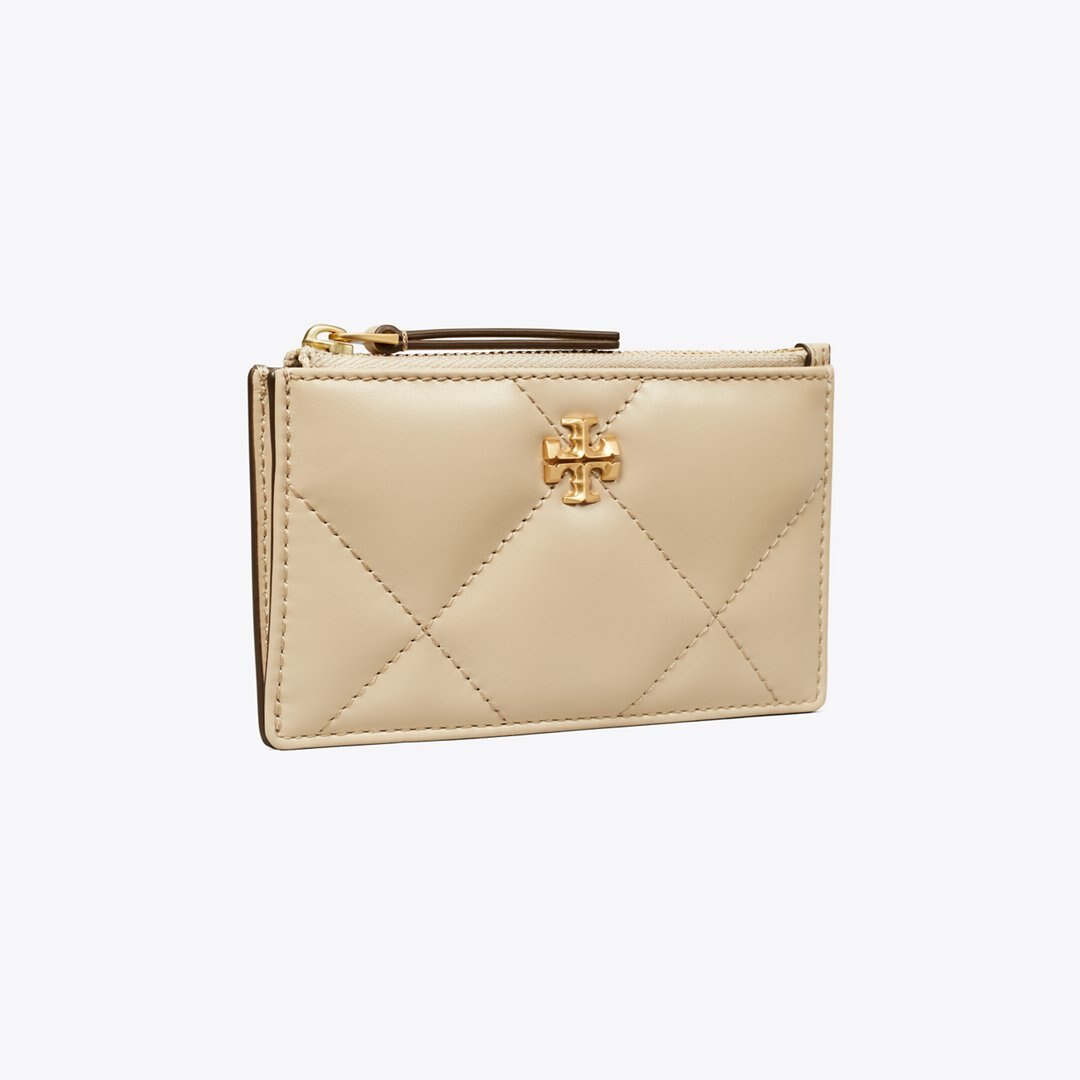 Tory Burch Kira Diamond Quilt Zip Card Case Light Stone