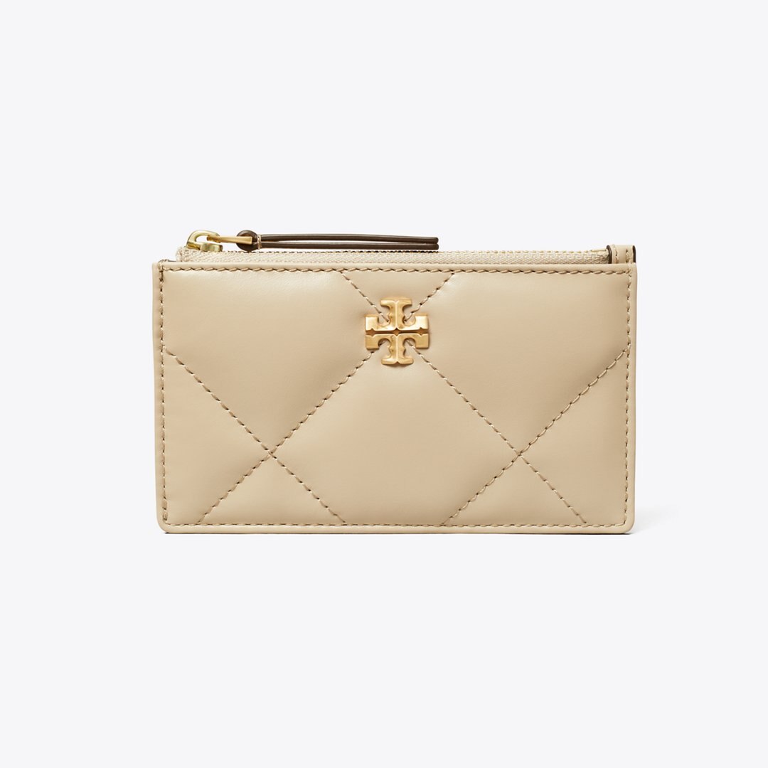 Tory Burch Kira Diamond Quilt Zip Card Case Light Stone